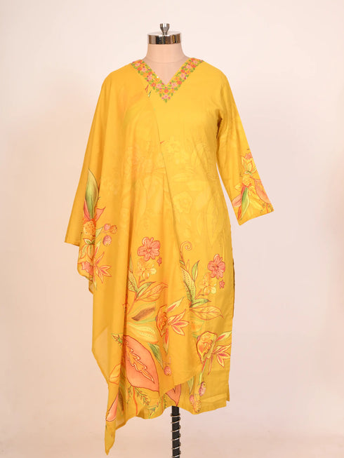 Mustard Cotton Kurti With Floral Print